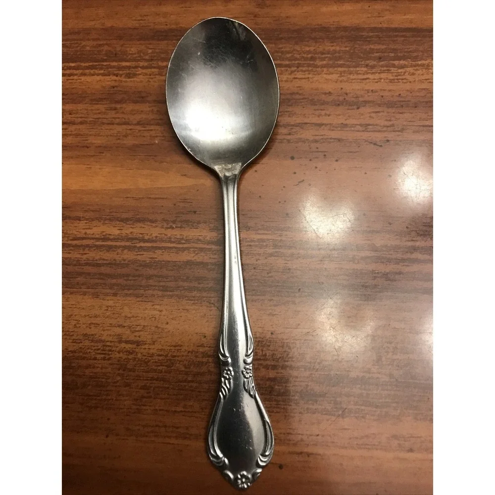 THC stainless steel korea soup‎ spoon rose floral pattern 5 1/2 in